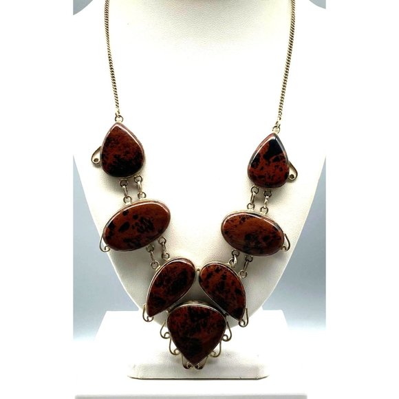 Vintage Silver and Mahogany Obsidian Stone Bib Necklace, Peruvian Alpaca Beauty - Picture 3 of 4